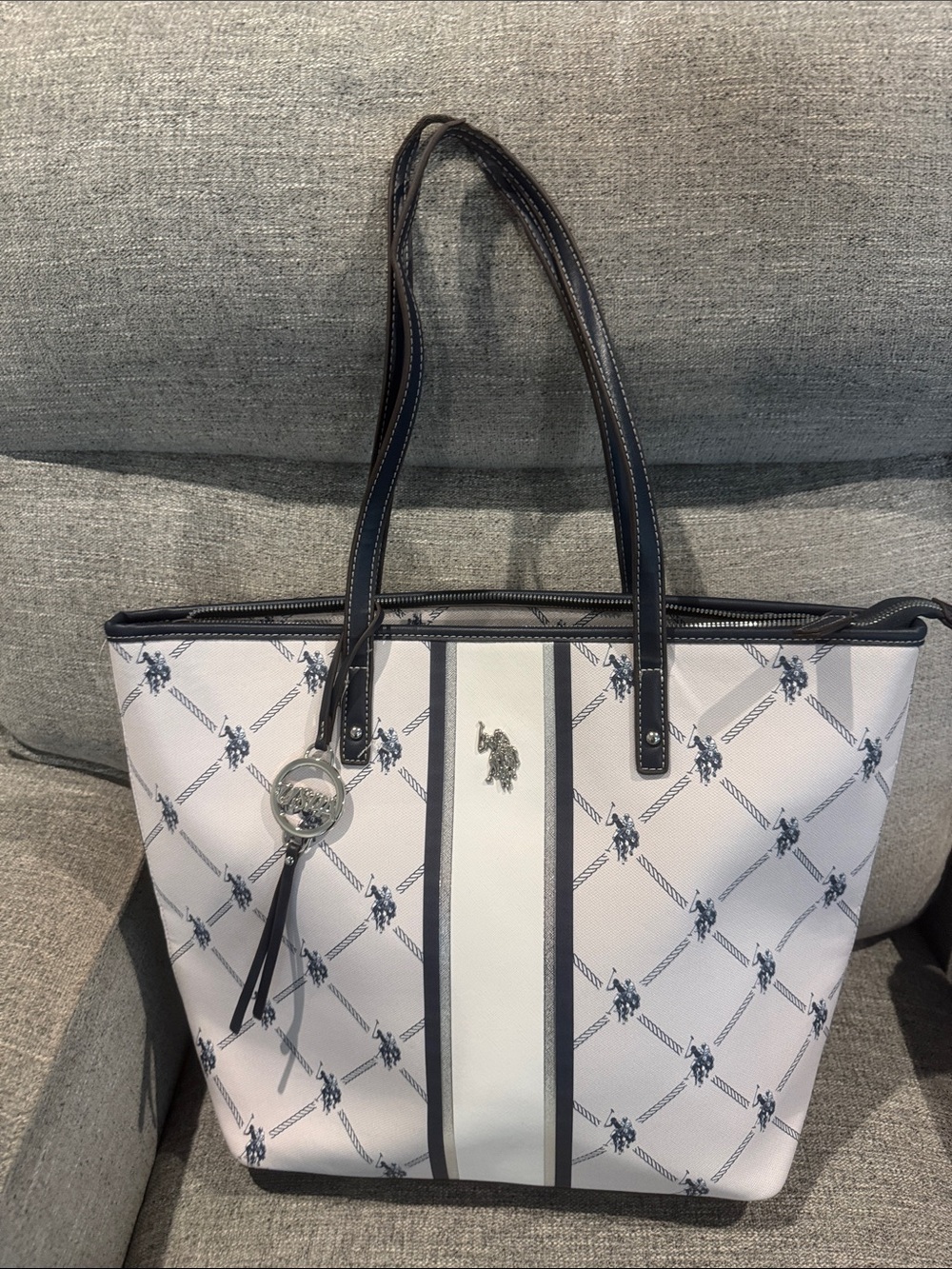 U.S. Polo Assn. White and Navy Patterned Tote